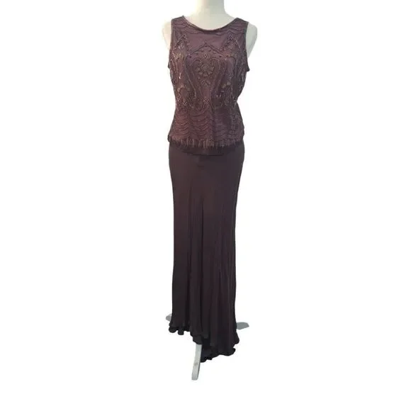 Adrianna Papell 3 Pc Set Silk Embellish Top Skirt Jacket Wedding Party Plum Sz10
